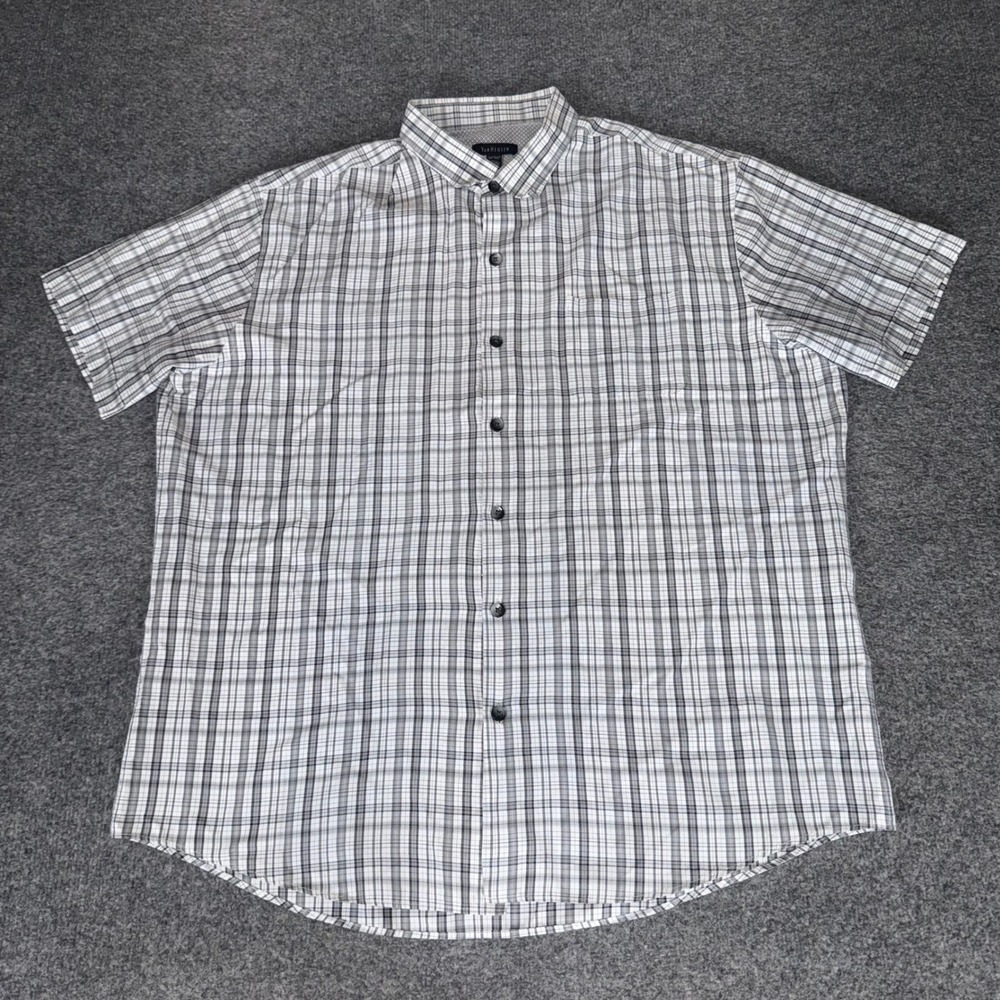 Van Heusen Mens XL Grey White Plaid Short Sleeve Button Up Shirt Dress Easy Care